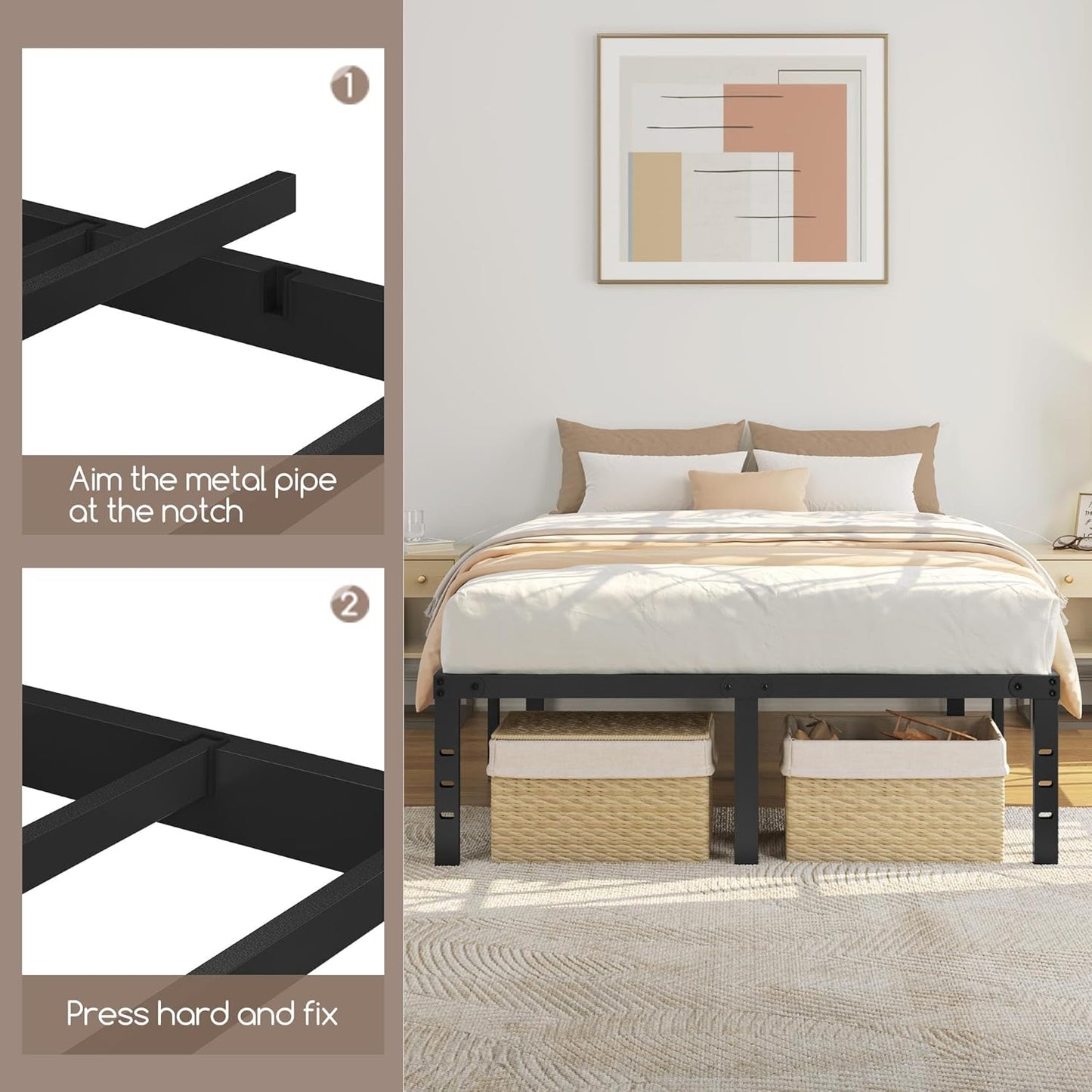 Cadre de lit en métal Yaheetech 135 x 190 cm – Noir – 135 x 190 x 41,5 cm – Avec sommier à lattes en acier et espace de rangement