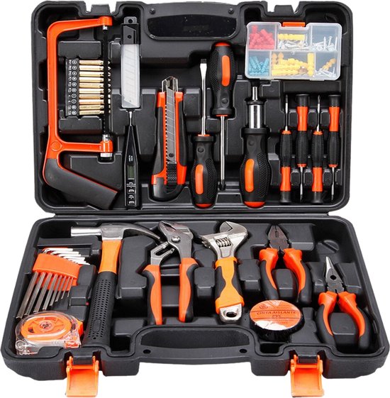Mallette à outils Vertrex remplie - Outils - Set d'outils - Mallettes à outils - Jeu de tournevis - Ruban à mesurer - Marteau - Jeu d'embouts - Jeu de clés Allen - Tendeur - Scie - Couteau Stanley