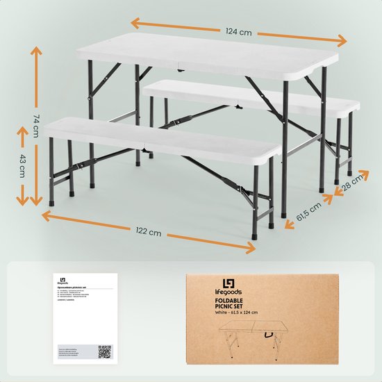 LifeGoods Set de pique-nique pliable - 124cm x 61.5cm - Table de jardin avec 2 bancs - Résistant aux intempéries - Table de camping - Table de bière pliable - Pour l'intérieur et l'extérieur - Pour 4 à 6 personnes - Blanc