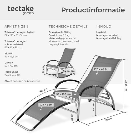 tectake® Transat Avignon - Transat réglable 2-en-1 - Fauteuil à bascule d'extérieur - Structure résistante aux intempéries et tissu imperméable et respirant - Fauteuil de jardin - Fauteuil de balcon - 195 cm de long - Anthracite
