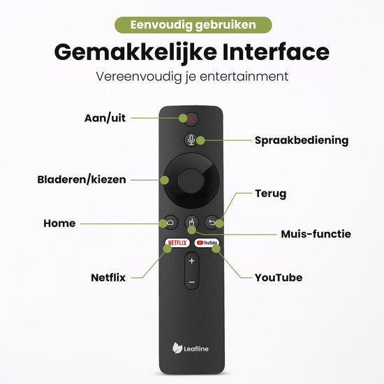 Leafline® Android TV Stick - Google TV Streamer - Chromecast intégré - Android TV Box - Avec télécommande et contrôle vocal