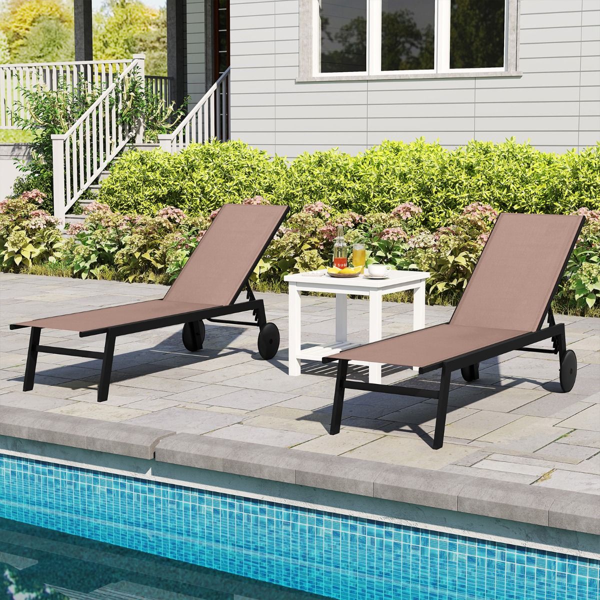 Chaise longue de jardin Coast sur roulettes - dossier réglable sur 6 positions - revêtement respirant - marron - 1 pièce