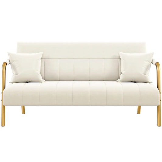 Canapé 2 places rembourré avec accoudoirs et pieds en métal, beige, 143,5 × 71,5 × 75,5 cm