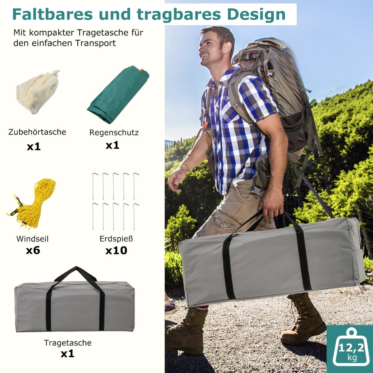Coast Tente familiale avec auvent - 2 Chambres - 2 Entrées - 380 x 260 x 190 cm - Verte