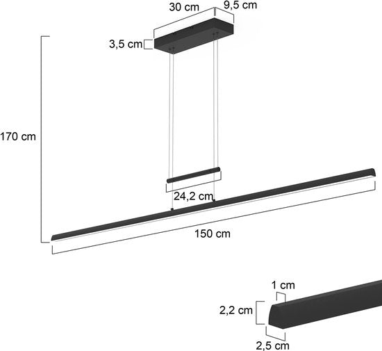 Suspension Profilo 3318ZW noire, 150 cm de large, hauteur réglable, de la marque Steinhauer, en métal, plastique et composants électroniques
