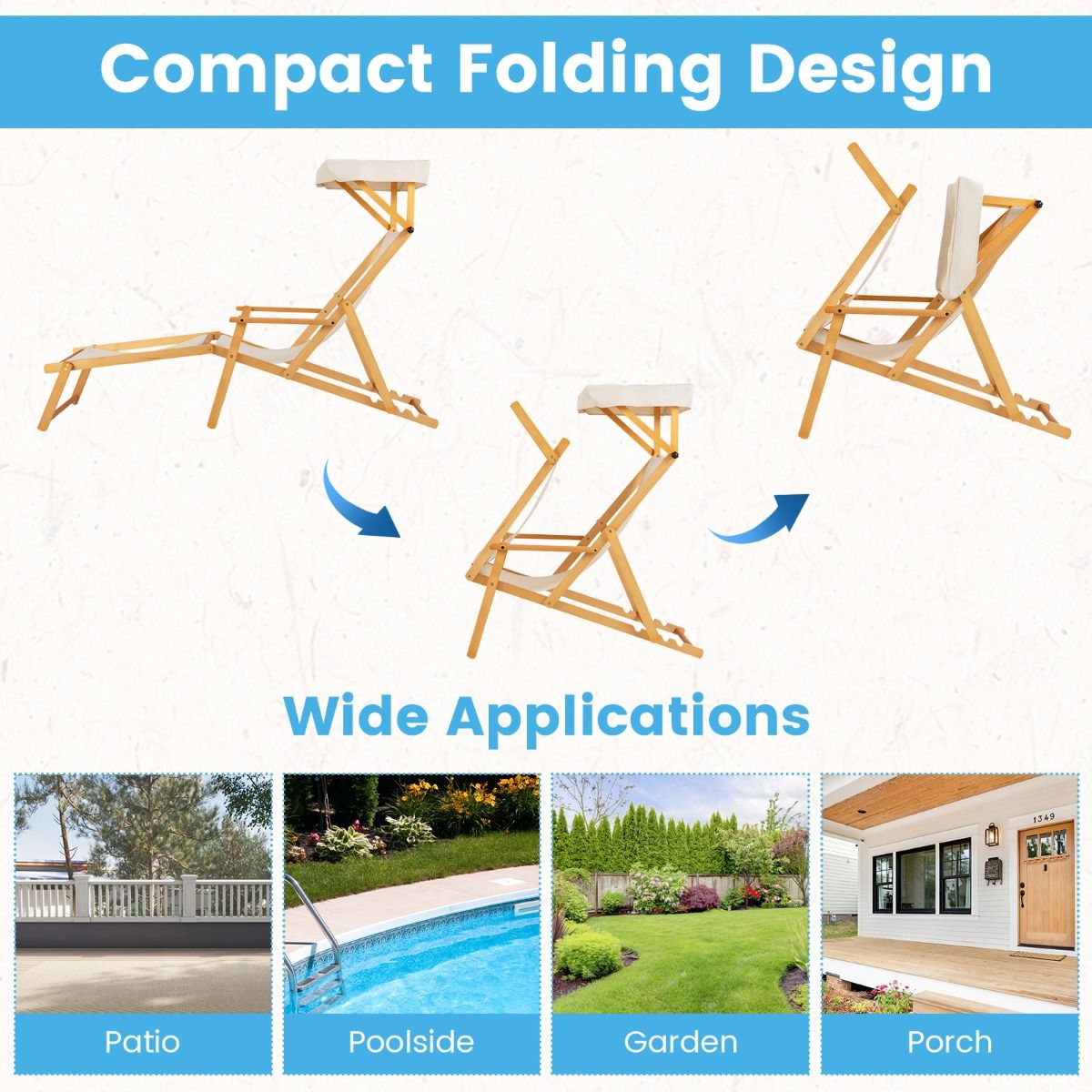 Chaise longue de plage pliable Coast Birchwood avec baldaquin, dossier et repose-pieds réglables - Beige/Naturel - 170x62x140 cm