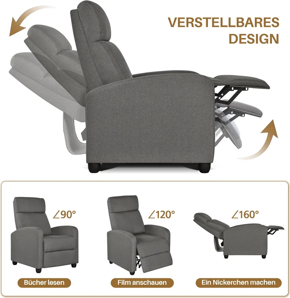Fauteuil de détente Yaheetech – Gris – 87 x 61,5 x 99 cm – Fauteuil inclinable avec repose-pieds