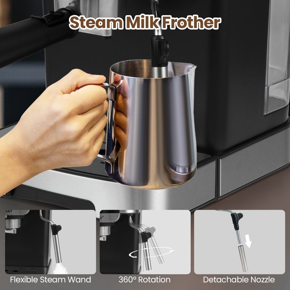 Machine à expresso Coast 20 bars 1 200 W - Mousseur à lait à vapeur - Réservoir d'eau de 1,8 L - Écran tactile - Noir/Argent - 26 x 21 x 28 cm