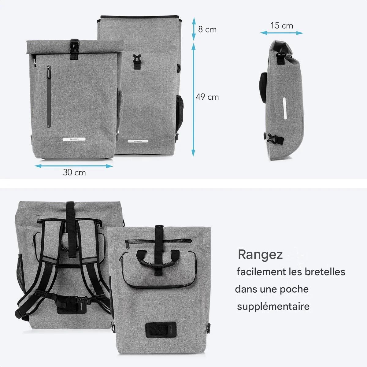 LifeGoods Sac de vélo - Compact - Sac à bandoulière et sac à dos - 25L - Porte-bagages ronds - Imperméable - Gris