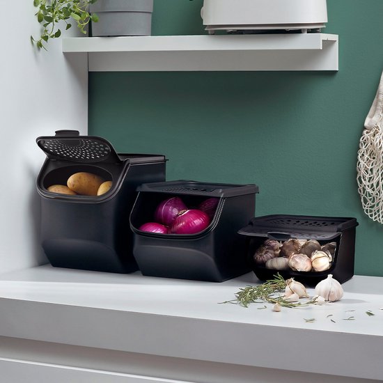 Ensemble Tupperware - PotatoSmart 8,3 L, OnionSmart 5,5 L et GarlicSmart 2,3 L - Récipients innovants pour pommes de terre, oignons et ail, assurant une circulation optimale de l'air - Conception empilable - Lavables au lave-vaisselle