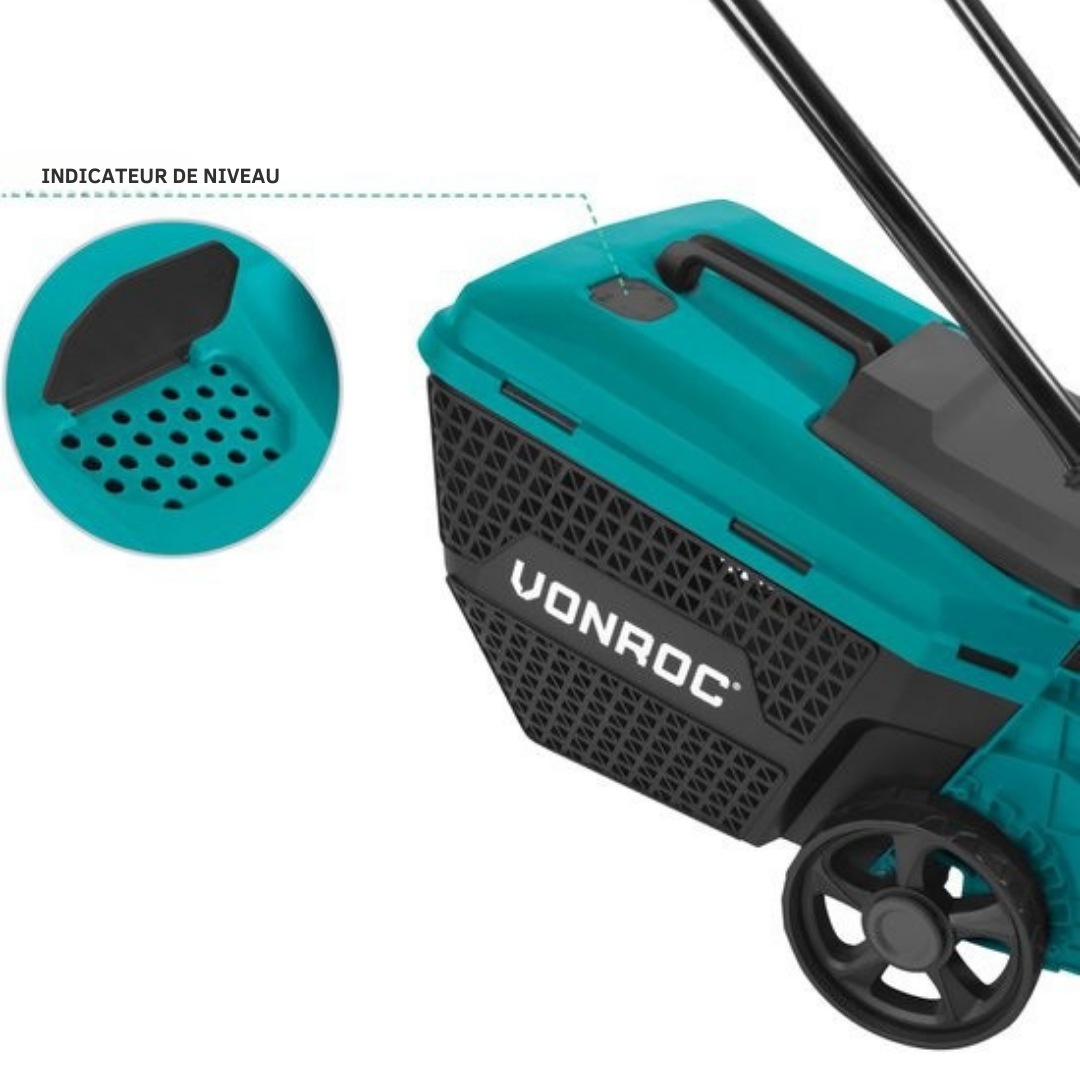 VONROC Tondeuse Accu 20V - Largeur de coupe 32 cm - Moteur sans balais - Trois hauteurs de coupe réglables : 30/50/70 mm - Bac de ramassage 30L inclus - SANS batterie et chargeur