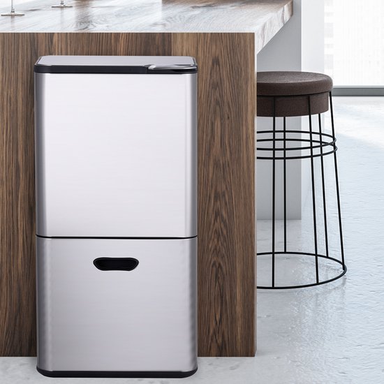Bayt Poubelle 60 litres - Poubelle 60 litres - Séparation des déchets - 2 compartiments - Acier inoxydable - Argent
