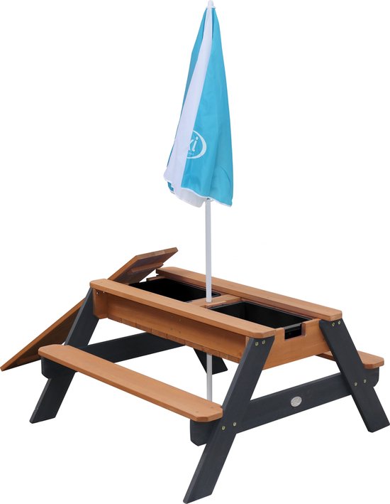 Table de pique-nique AXI Nick Zand & Water, couleur anthracite/marron - Avec parasol bleu/blanc - Table de pique-nique multifonctionnelle en bois certifié FSC - Table de pique-nique en bois pour enfants