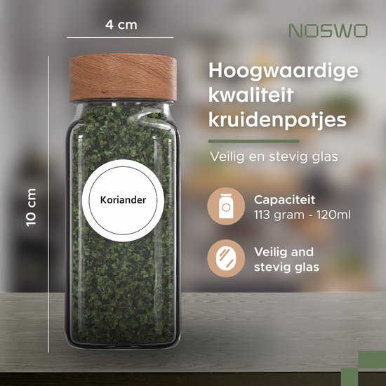 Noswo Tiroir à épices avec 28 pots - Set complet - Carré - Couvercle à saupoudrer et étiquettes - Organisateur d'épices - Organisateur de tiroirs de cuisine - Acacia