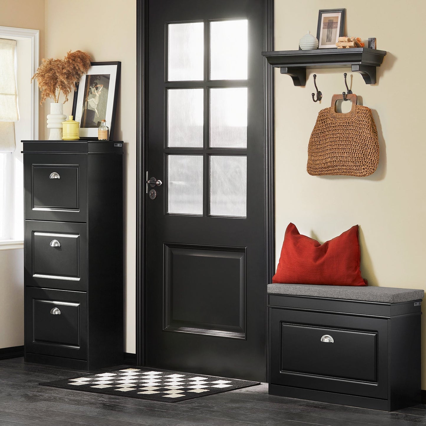 SoBuy Meuble à chaussures avec assise rembourrée - MDF - Max. 150 kg - 75 x 24 x 51 cm - Noir/ Gris