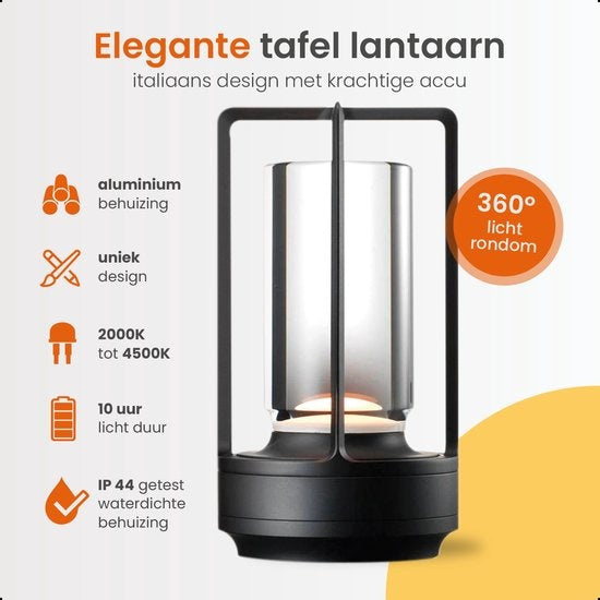 Goliving Lampe de table rechargeable - Lanterne - Sans fil et dimmable - Lampe tactile moderne - Lampe de nuit pour chambre à coucher - 17.5 cm - Noir