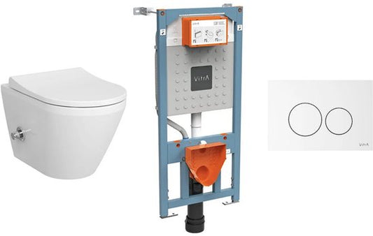 VitrA - Ensemble complet WC-bidet à montage apparent - WC-bidet sans rebord VitrA Integra Round avec siège + réservoir encastré VitrA V-Fix Prime + plaque de commande VitrA Origin blanche