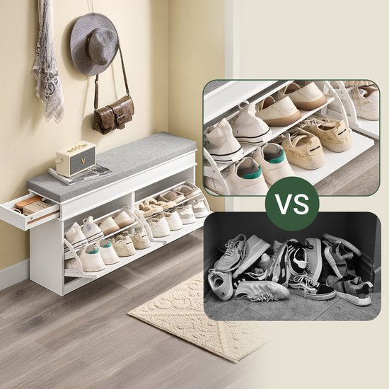SoBuy FSR64-WG Meuble à chaussures, banc à chaussures, chaussures, entrée, 2 abattants avec coussin amovible, boîte de rangement, étagère pour entrée étroite, 104 x 24 x 51 cm, effet bois antique, blanc