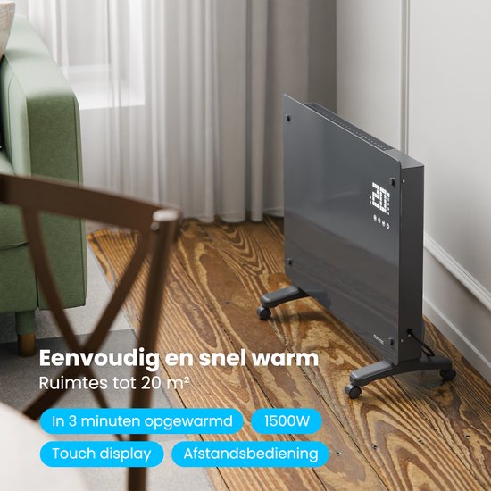 Auronic Electric Heater - Convector Heater with Thermostat and Remote Control - Glass Panel Heater - 1500W Heater - Grey