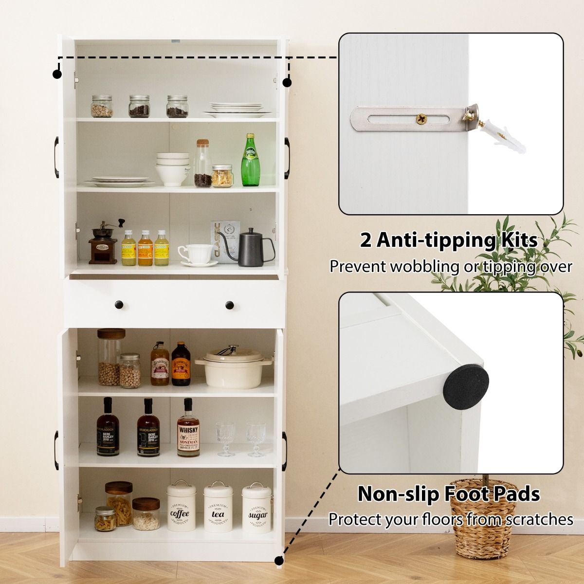 Coast Kitchen Cupboard 77x39x183 cm White - Armoire moderne de style Farmhouse avec 4 portes grillagées, 3 étagères réglables, un tiroir et un système anti-basculement