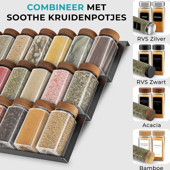 Soothe Spice Rack Drawer for 48 Spice Pots - Pull-out - 12 Set - Spice Organiser - Spice Rack - Acier inoxydable