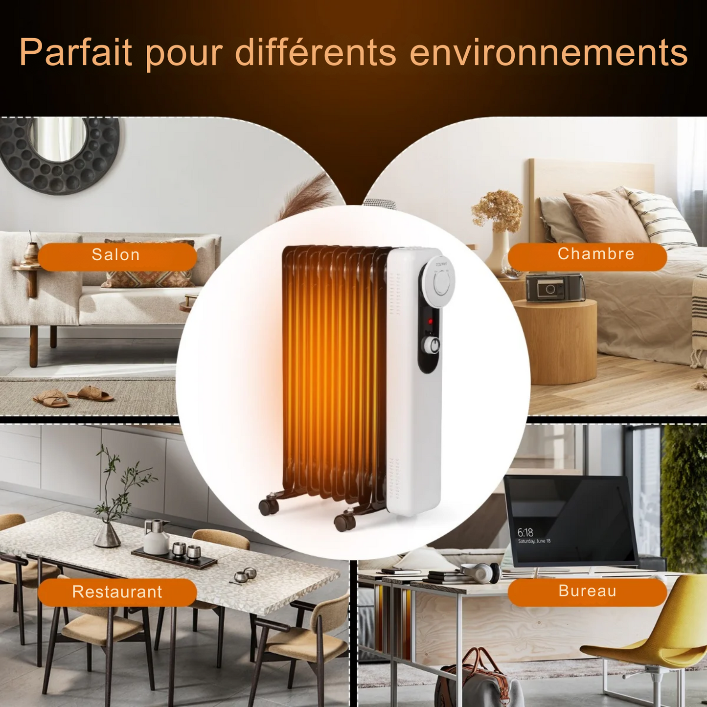 Radiateur à bain d'huile - Coast – 3 niveaux de chauffage - Thermostat réglable – 42 x 24 x 62 cm – Noir