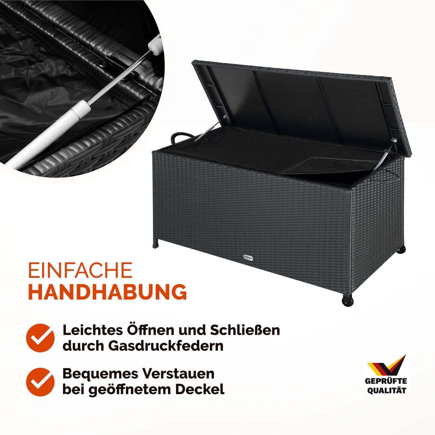 Casaria Polyrotan Cushion Box - équipé de deux ressorts à gaz, d'un revêtement intérieur imperméable et de deux roulettes - pour coussins d'assise et accessoires de jardin - acier laqué noir - cent dix-sept centimètres de long, cinquante-trois centimètres