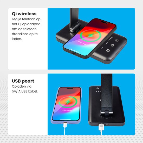 Lampe de bureau Auronic - LED - Chargement mobile USB et sans fil - Minuteur - Lampe à pince dimmable - Lumière blanche et chaude - Noir