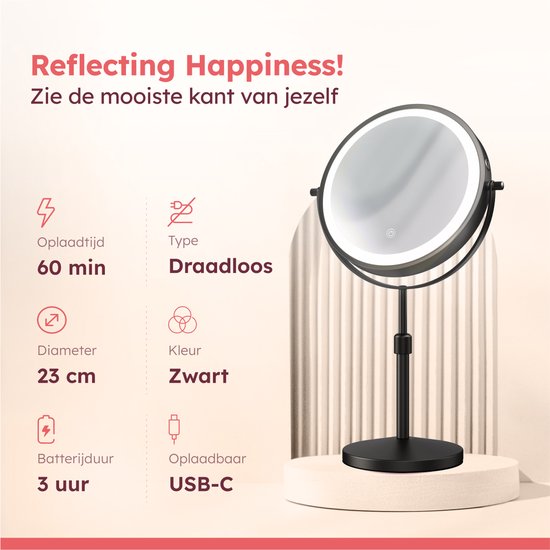 Fraay® Miroir de maquillage avec éclairage LED - grossissement 10x - Miroir grossissant avec lumière - rechargeable - Miroir de rasage - Miroir de salle de bain - noir