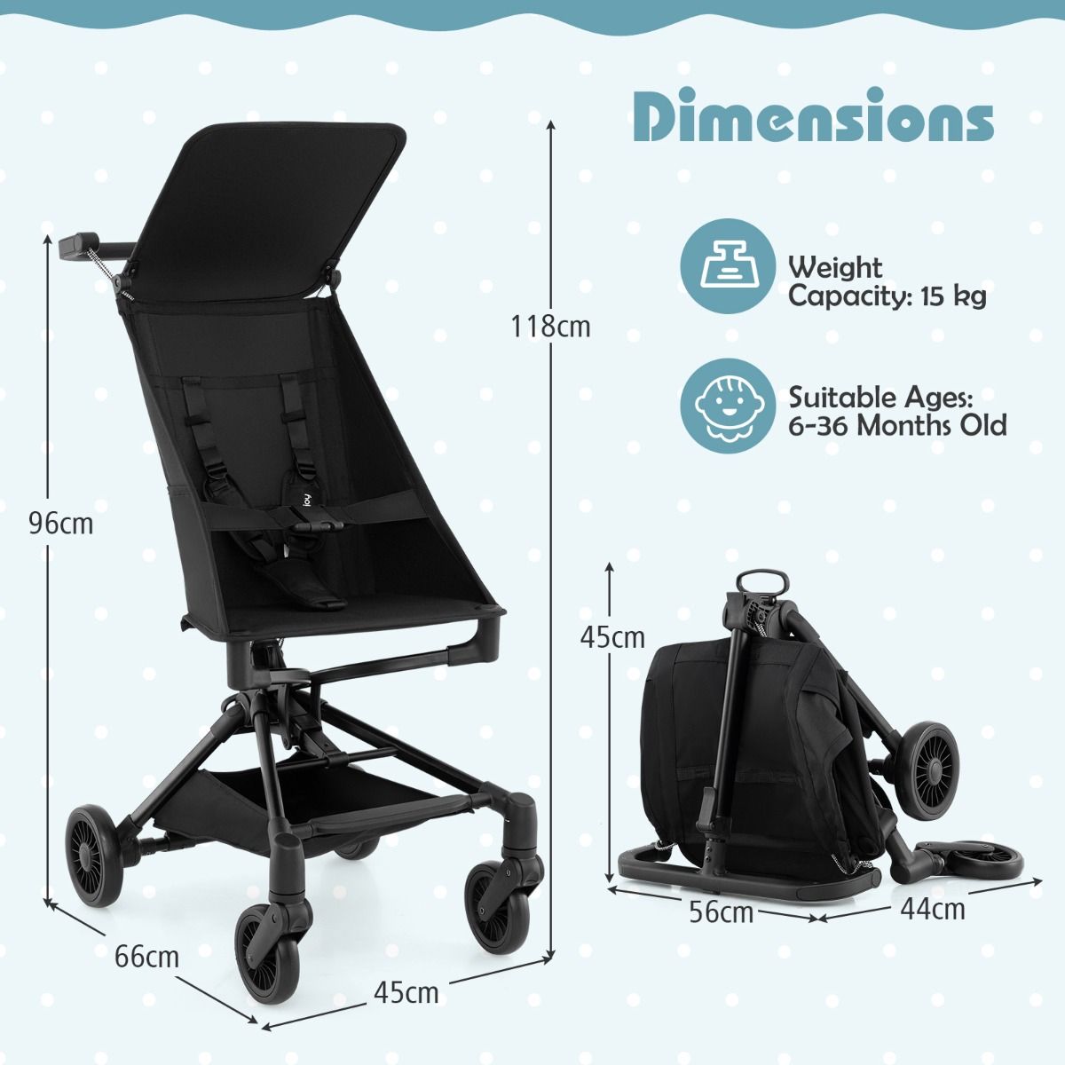 Poussette Coast - Pliable et légère - Roues tout-terrain - Noir