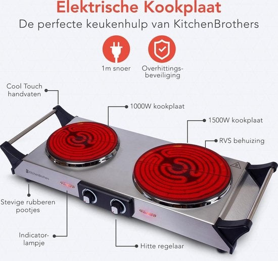 KitchenBrothers Table de cuisson électrique - 2 brûleurs - 2500W - inox