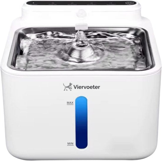 Fontaine à eau sans fil Viervoeter en acier inoxydable - Fontaine à eau à capteur pour chats et chiens - Filtre inclus - 3,2 L - Autonomie de 30 jours - Silencieuse - Blanche