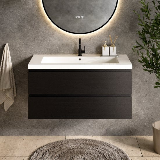 Meuble de salle de bains Mirlux en chêne noir 80 cm - Lavabo blanc - Ensemble de meubles de salle de bains - Meuble-lavabo en chêne noir