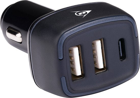 Chargeur de voiture USB Dunlop - 2x connexion USB-A et USB-C - Power Delivery/ Fast Charge 18W - Connexion à l'allume-cigarette de la voiture - Plastique - Noir