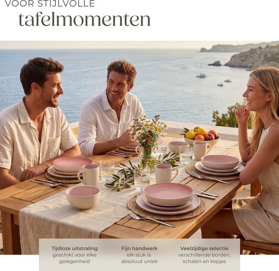 tectake® Service de table Mare - 30 pièces - Grès à émail brillant - Pour 6 personnes - Service de table fait main - Service de table moderne comprenant des grandes et petites assiettes, des bols, des coupelles et des tasses - Lavable au lave-vaisselle et