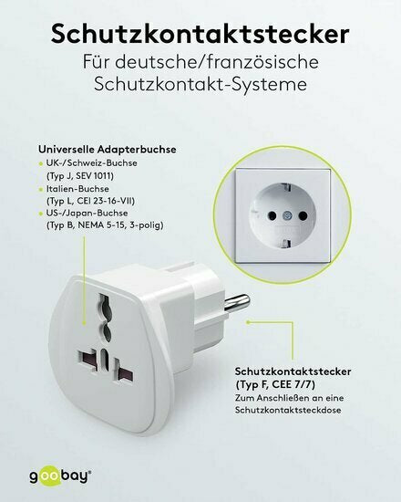 goobay  Adaptateur de voyage « World to EU » blanc - Type F vers UK/CH/IT/US/JP - 16 A - 65 x 51 x 51 mm