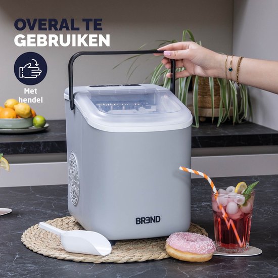 BREND BR-2213 Machine à glaçons avec cuillère et plateau d'égouttage - Grands L ou petits S glaçons - Machine à glaçons portable - 10 kg en 24 heures - Gris