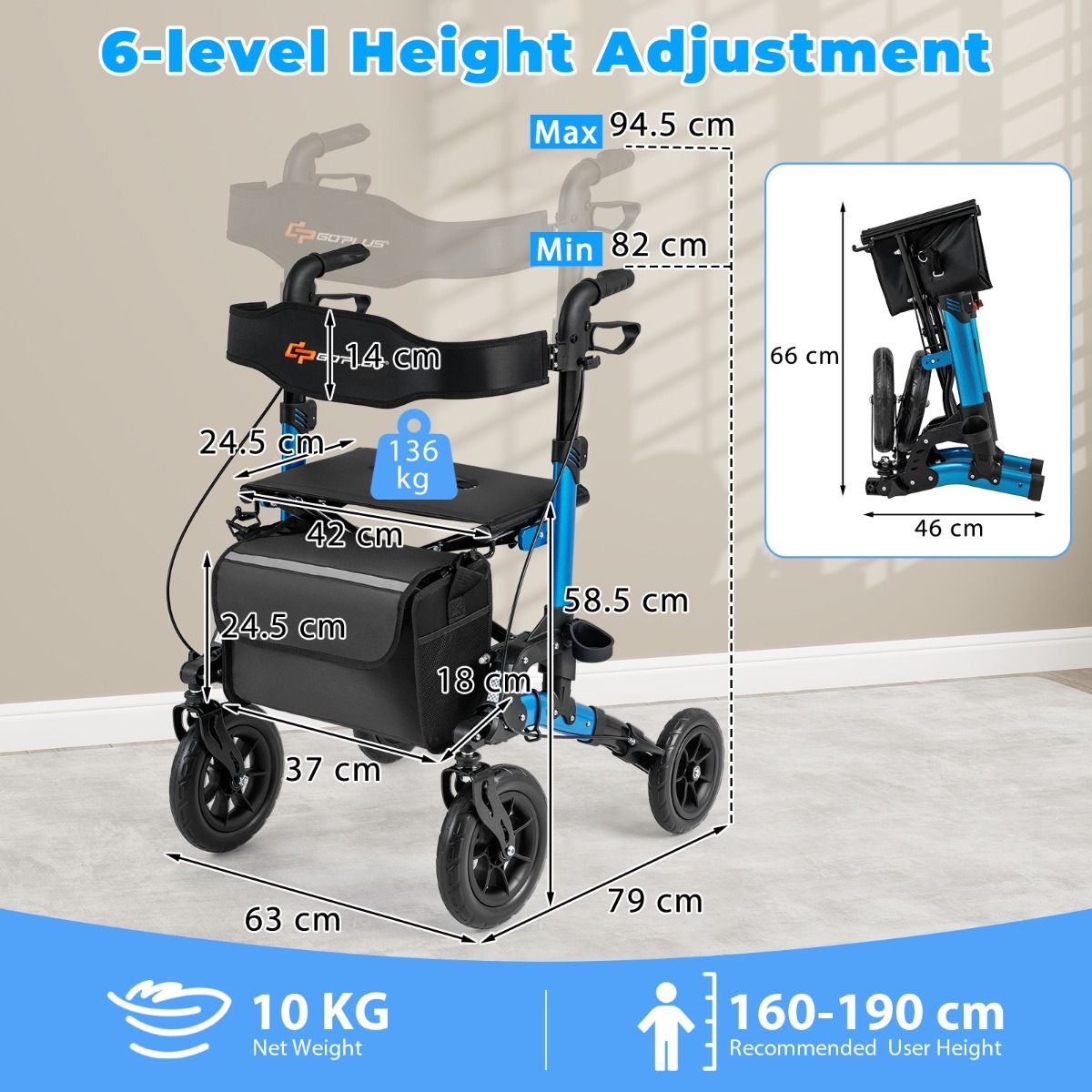 Rollator pliable Coast pour seniors - Siège avec dossier en filet - Grandes roues et porte-canne - bleu