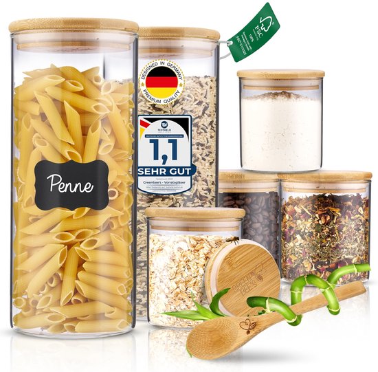 GREEN BEE'S Set de 6 grands bocaux à provisions - 2x1500ml & 4x650ml - S'intègre parfaitement dans les tiroirs et les armoires à pharmacie - Bocaux à provisions durables avec couvercles hermétiques - Pour la farine, le riz, les pâtes, les céréales et les