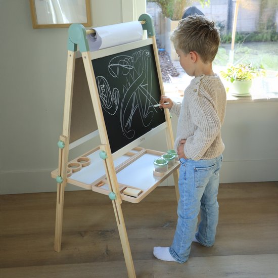 Sunny Luna Activités – Chevalet réglable en bois pour enfants – Chevalet de jeu avec tableau blanc et ardoise – Tableau magnétique – Rouleau de papier, gobelets et accessoires inclus – Jouet éducatif