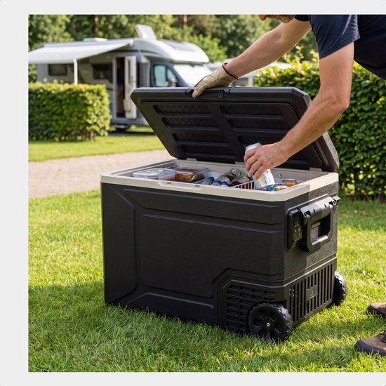 Auronic Electric Cool Box - Compresseur - 80L - 12V et 240 volts - Réfrigérateur de camping - Frigobox Car - Avec roues et poignée - Noir