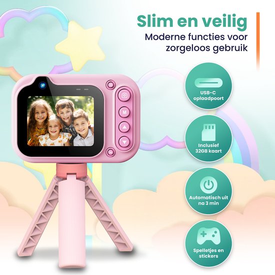 Appareil photo étanche pour enfants ODESSEY - avec trépied - Full HD - Appareil photo pour selfies - Carte SD de 32 Go - Photo - Vidéo - Jeux - Appareil photo numérique pour enfants - Appareil photo pour enfants - Rose
