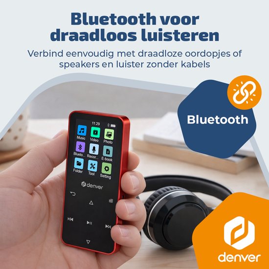 Lecteur MP3/MP4 Denver - Bluetooth - Lecture aléatoire/Répétition - Carte SD jusqu'à 128 Go - Écouteurs inclus - Dictaphone - MP1830R - Rouge