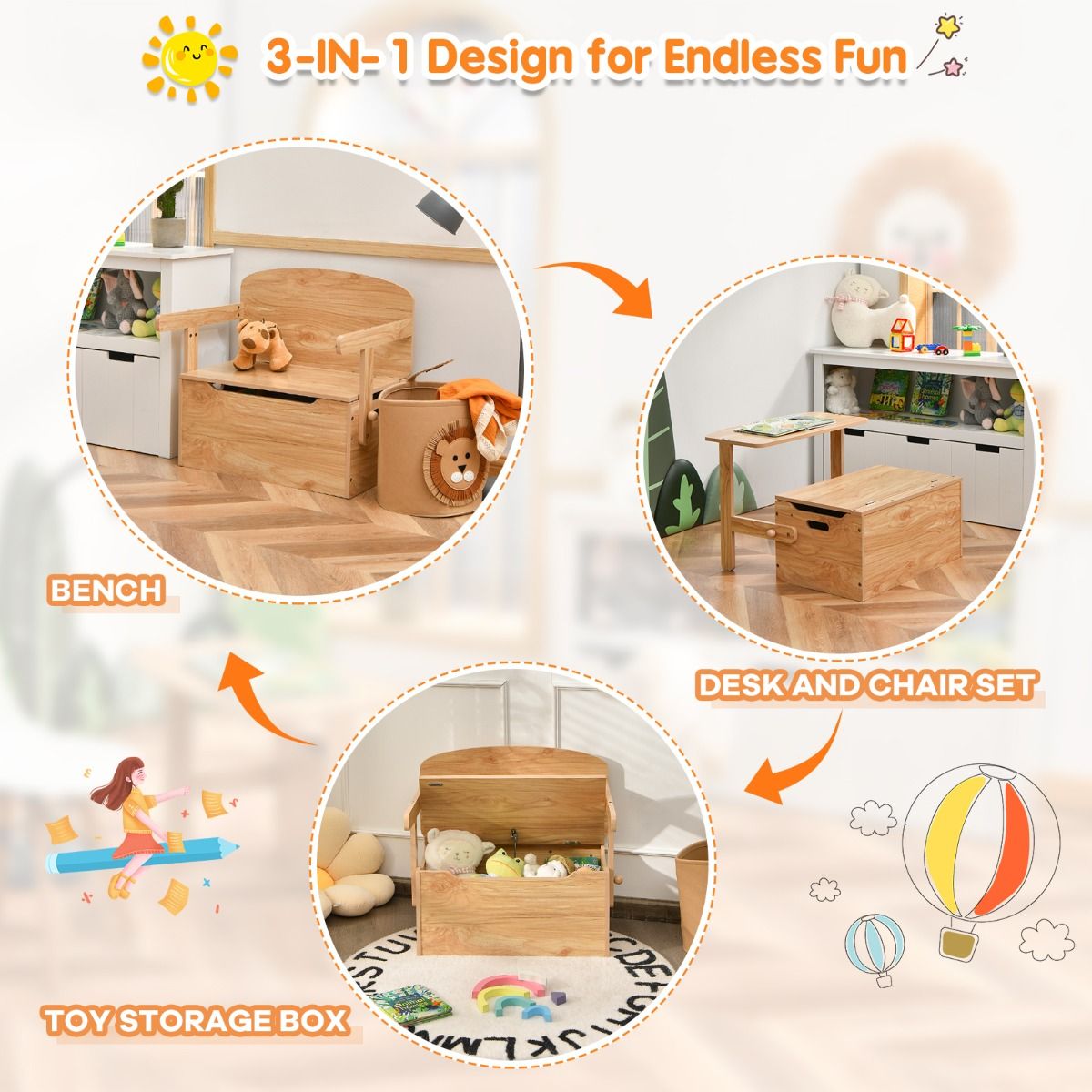 Table d'activités 3 en 1 pour enfants avec banc et coffre de rangement – 60 x 56,5 x 43,5 cm – Couleur naturelle