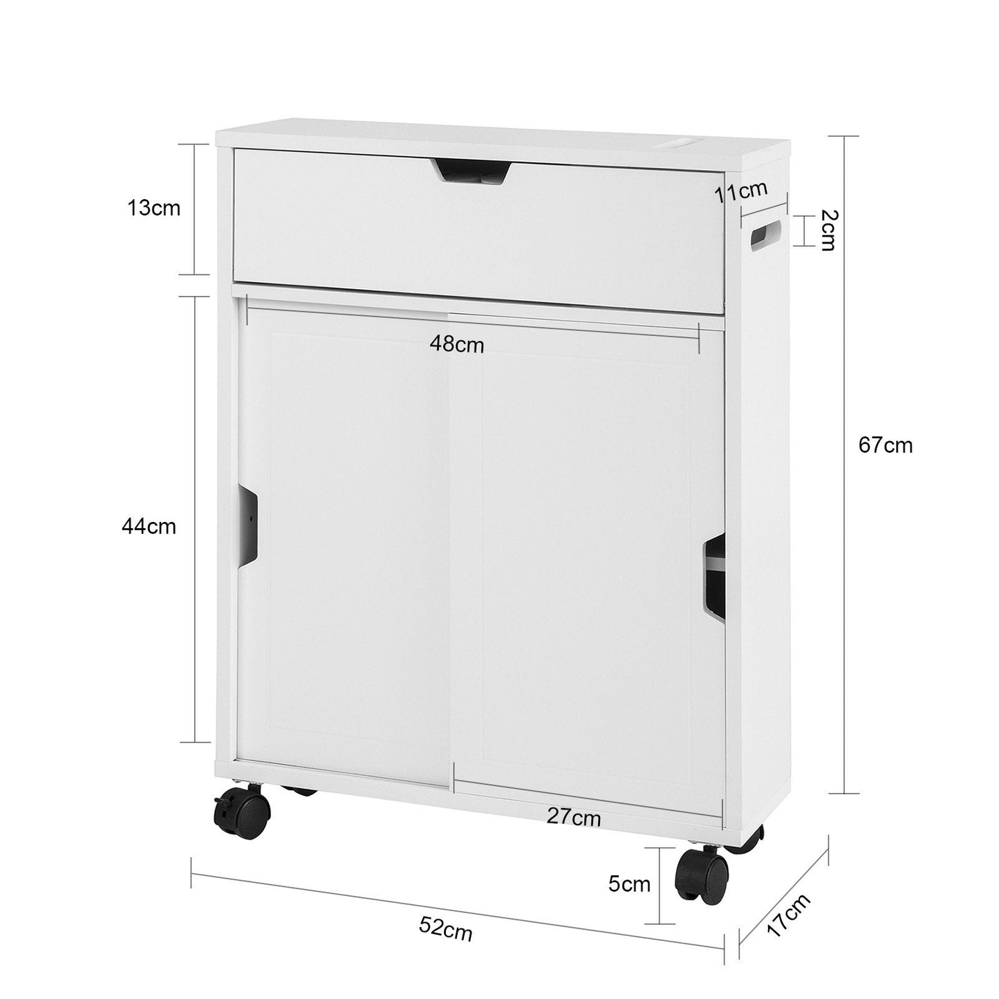 SoBuy BZR31-W Meuble de salle de bains avec 2 portes coulissantes et un tiroir - avec roulettes - 67 x 52 x 17 cm - blanc