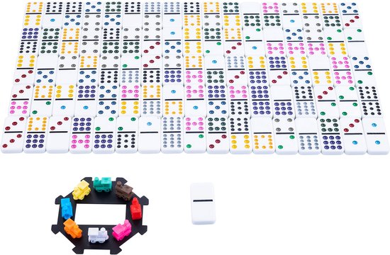 Domino Double 12 Mexican Train – 91 tuiles aux yeux colorés – Coffret en bois avec couvercle coulissant – Gare et trains inclus – Jeu de stratégie familial – Engelhart
