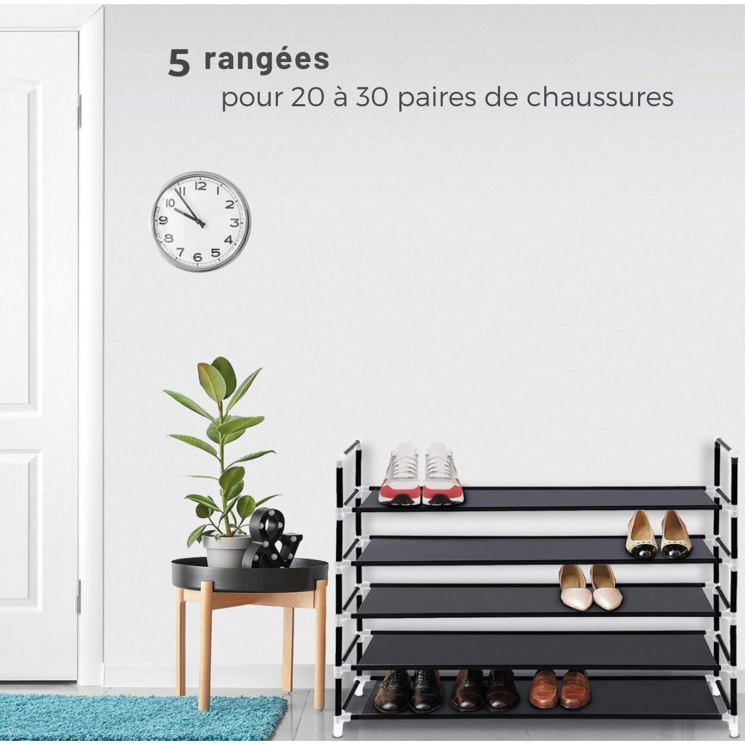 LifeGoods Shoe Rack - 5 couches - Système de rangement pour 30 paires de chaussures - Plastique - Noir