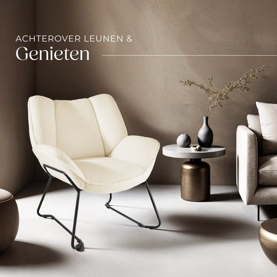 tectake® Chaise longue - Fauteuil relax rond - Fauteuil Teddy - Chaise tapissée - Revêtement bouclé - Fauteuil de lecture en peluche - Style scandinave - blanc crème