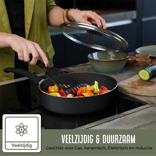 COOCK Batterie de cuisine à induction 19 pièces - Revêtement spécial antiadhésif - Poignées ergonomiques à froid - Aluminium recyclé - Ensemble de poêles à frire - Ensemble de casseroles - Noir - Sous-verres et livre électronique inclus