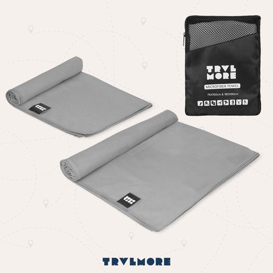 TRVLMORE Set de serviettes de voyage en microfibre - 2 pièces - Grand (75 x 150 cm) et Extra grand (90 x 180 cm) - Microfibre - Gris
